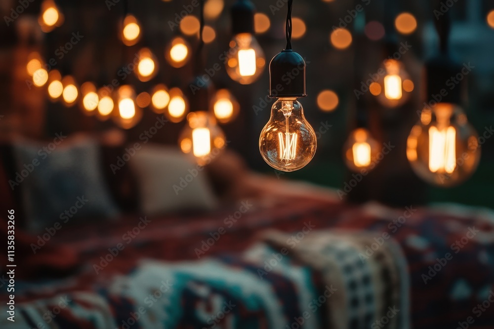 Fototapeta premium Illuminated Bulbs Hanging Over Cozy Blanket