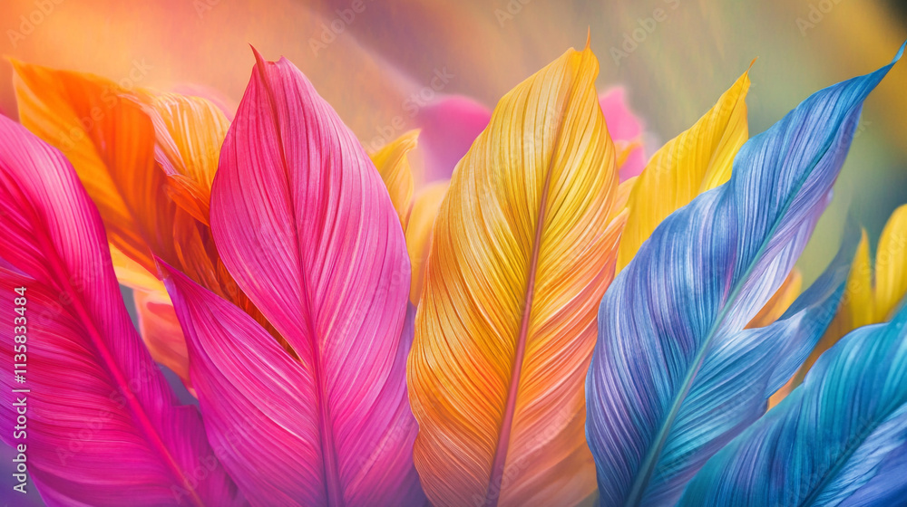 Naklejka premium Vibrant multicolored feathers showcase nature's beauty against a soft background