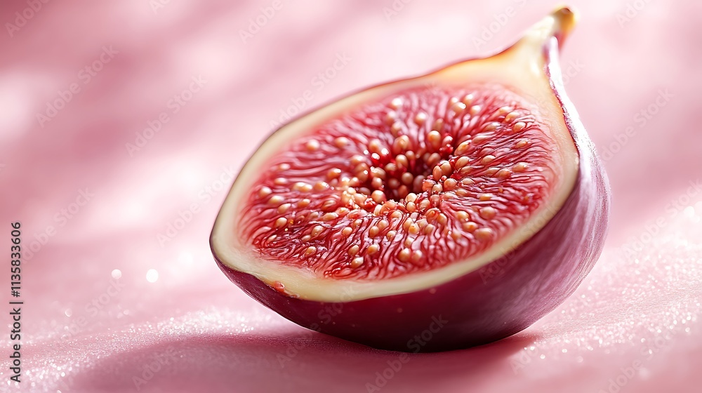 A dynamic macro view of a fresh halved fig, its juicy interior illuminated by soft backlighting, intricate textures and seeds detailed, set against a delicate mauve background with a dreamy vibe, A dynamic macro view of a fresh halved fig, its juicy interior illuminated by soft backlighting, intricate textures and seeds detailed, set against a delicate mauve background with a dreamy vibe,