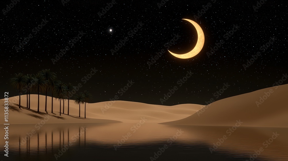 Serene Desert Oasis Night Crescent Moon Stars Palm Trees Sand Dunes Serene Desert Oasis Night Crescent Moon Stars Palm Trees Sand Dunes
