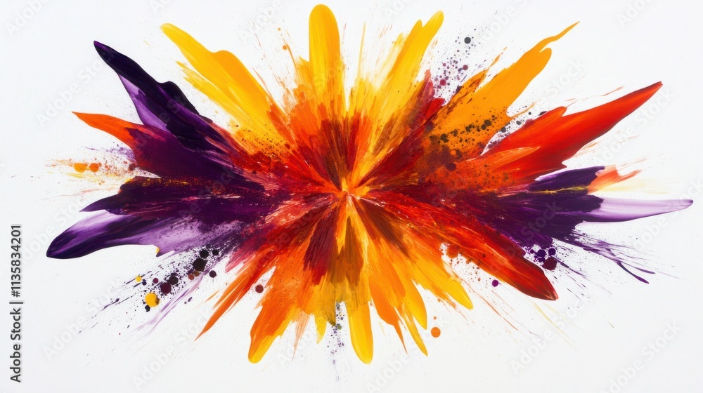 A stunning explosion of vibrant colors in red, yellow, and purple, creating a bold abstract burst, isolated on white A stunning explosion of vibrant colors in red, yellow, and purple, creating a bold abstract burst, isolated on white