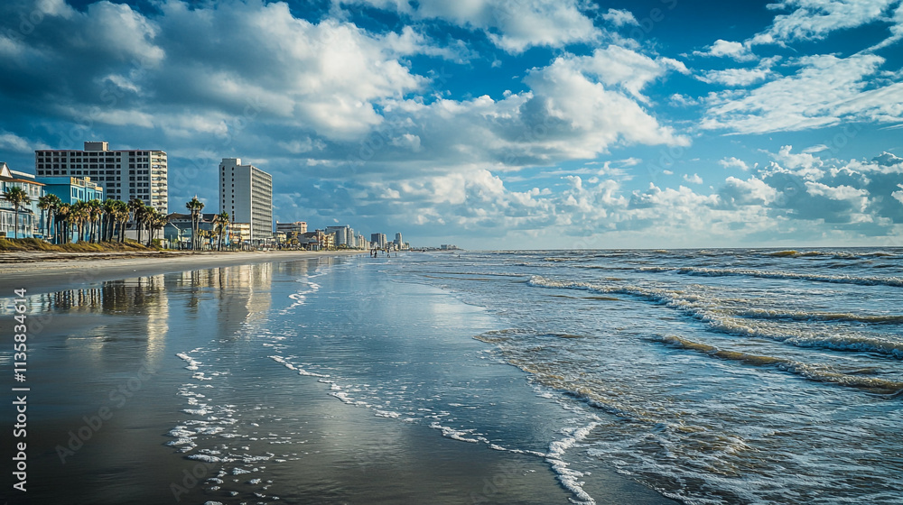 Obraz premium Coastal shoreline with reflections under a partly cloudy sky in a vibrant beach city