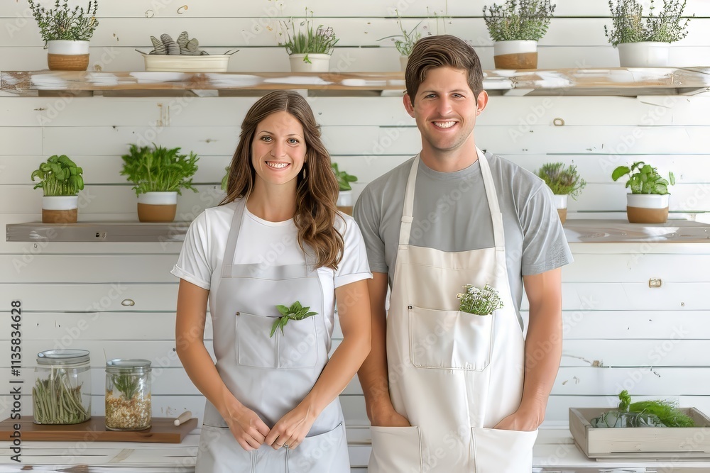 Smiling young couple, Hispanic male and Caucasian female, in aprons with fresh herbs.