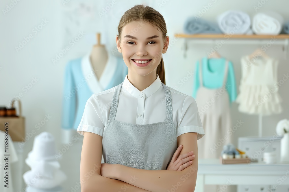 Smiling young Caucasian woman in a tailored outfit with arms crossed, exuding confidence. Smiling young Caucasian woman in a tailored outfit with arms crossed, exuding confidence.