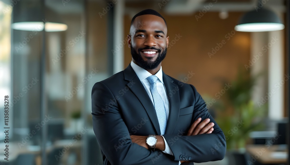Modern Business Professional in Formal Suit Against Backdrop of Contemporary Office Space- Black - African American Modern Business Professional in Formal Suit Against Backdrop of Contemporary Office Space- Black - African American