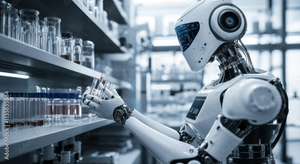 A humanoid robot stands in a sleek laboratory, inspecting test tubes on a shelf while utilizing advanced technology. The bright environment emphasizes its role in scientific research. A humanoid robot stands in a sleek laboratory, inspecting test tubes on a shelf while utilizing advanced technology. The bright environment emphasizes its role in scientific research.
