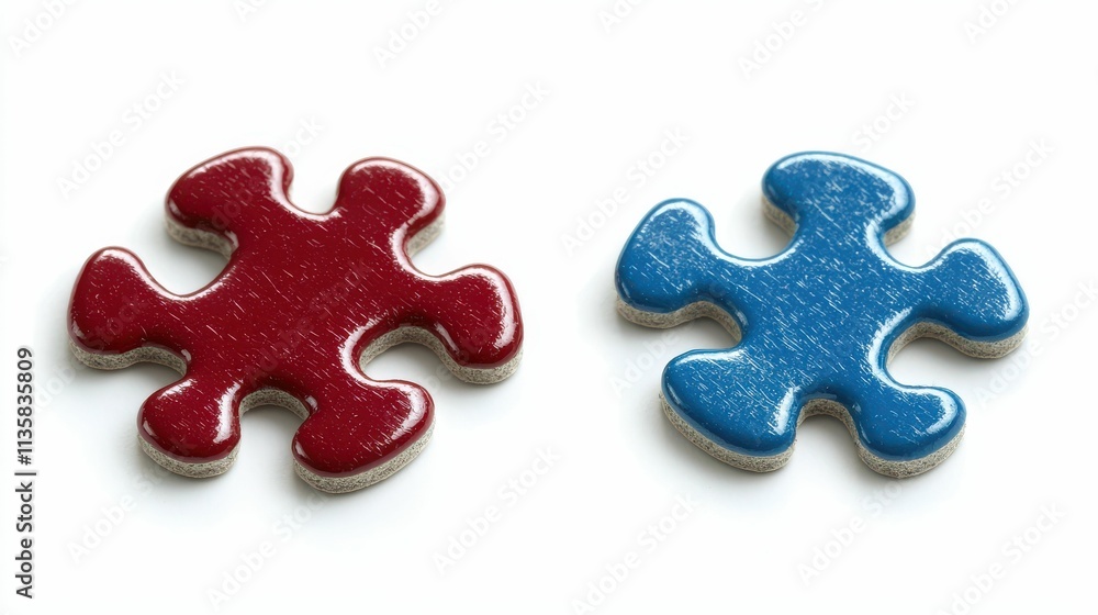 Obraz premium Colorful Red and Blue Glossy Puzzle Pieces on White Background for Educational and Creative Concept