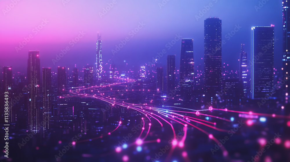 Smart digital Innovation city with connection network reciprocity over the cityscape. of future smart wireless digital city and social media networking systems that connects people with in city Smart digital Innovation city with connection network reciprocity over the cityscape. of future smart wireless digital city and social media networking systems that connects people with in city