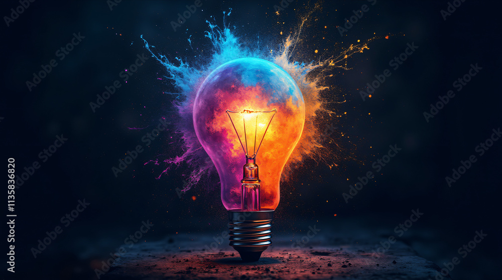 Creative light bulb explodes with colorful paint and splashes on a black background. Think differently creative idea concept Creative light bulb explodes with colorful paint and splashes on a black background. Think differently creative idea concept