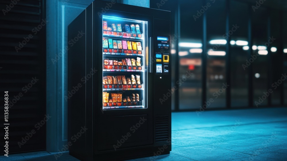 Modern vending machine at night, offering various snacks and drinks. Modern vending machine at night, offering various snacks and drinks.