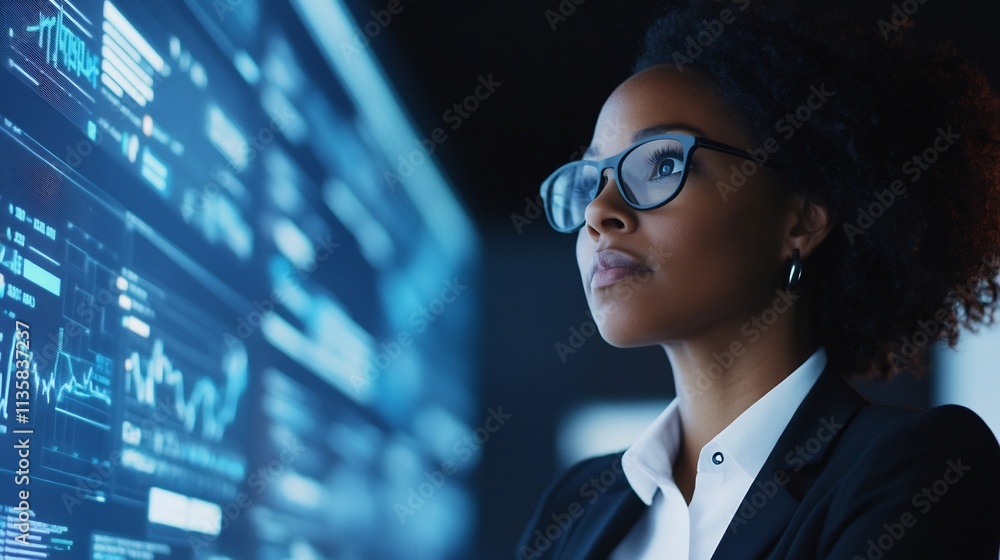 Businesswoman Reviewing Financial Data and Growth Charts on Digital Display Businesswoman Reviewing Financial Data and Growth Charts on Digital Display