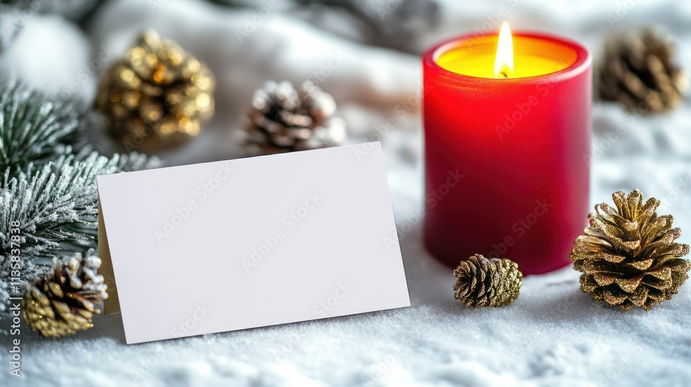 A blank Christmas card resting beside a glowing red candle with golden accents, on a clean white background A blank Christmas card resting beside a glowing red candle with golden accents, on a clean white background