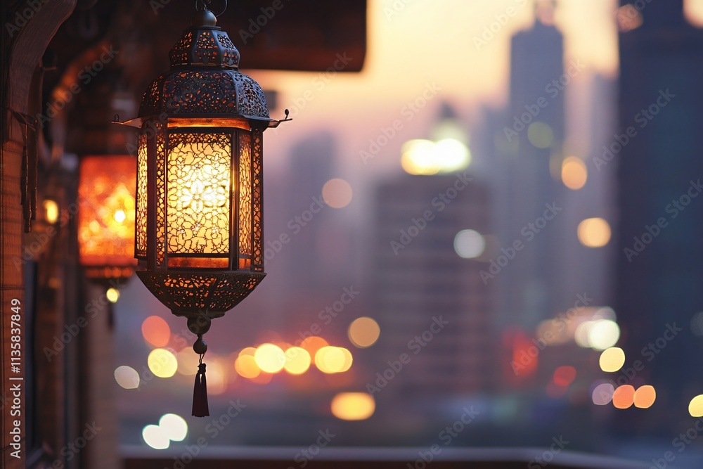 Glowing Moroccan Lanterns at Dusk Cityscape Glowing Moroccan Lanterns at Dusk Cityscape