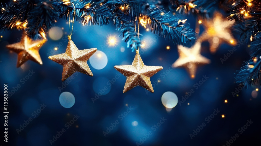 Sparkling stars hanging on pine trees, with a blue background Sparkling stars hanging on pine trees, with a blue background