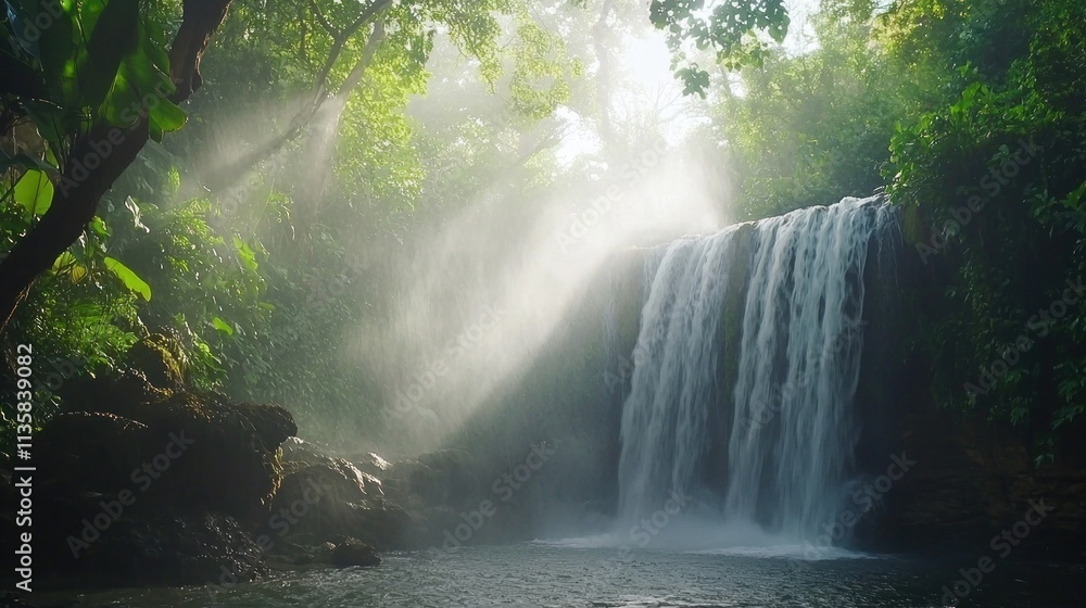 A hidden tropical waterfall deep in the jungle, with mist rising from the water and sunlight breaking through the trees. A hidden tropical waterfall deep in the jungle, with mist rising from the water and sunlight breaking through the trees.