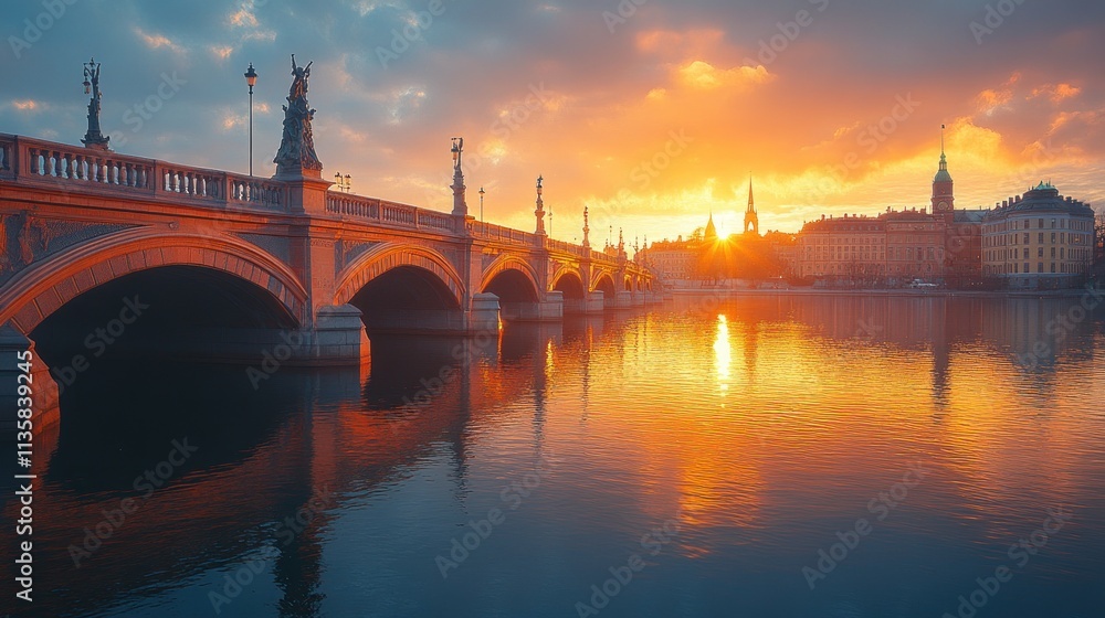 Naklejka premium A stunning sunset over a bridge reflecting in calm waters, showcasing urban beauty.