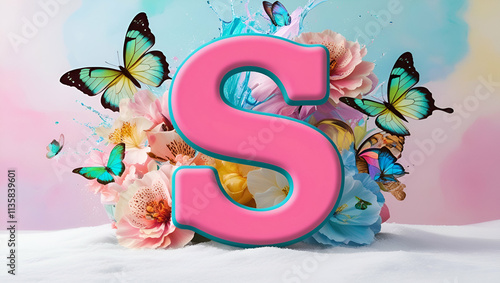 A Vibrant Letter 'S' with Butterflies and Flowers