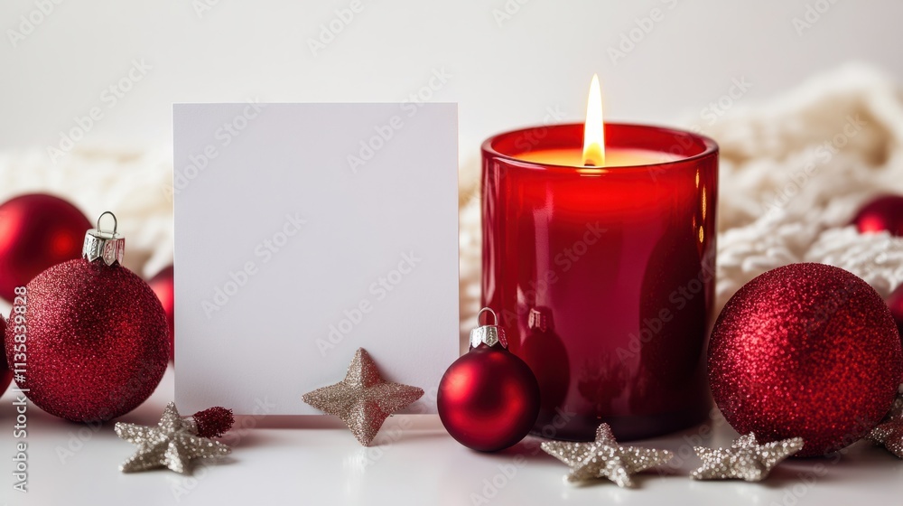 Obraz premium A glowing red candle surrounded by star-shaped ornaments and a blank holiday card, isolated on a clean white background
