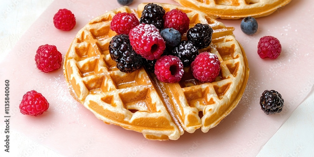 creative arrangement of waffles topped with fresh berries displayed on light pink background under bright diffused creative arrangement of waffles topped with fresh berries displayed on light pink background under bright diffused