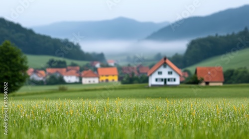 Wallpaper Mural Serene Landscape with Rural Homes and Misty Mountains in Background Torontodigital.ca
