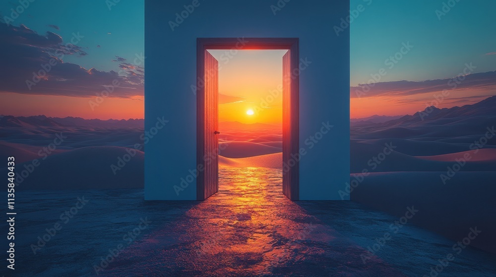 Fototapeta premium Realistic Wooden Door Leading to an Endless Desert Landscape Under Blue Skies