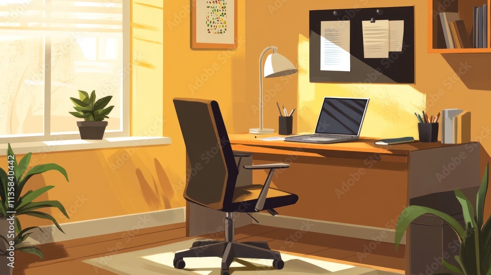 Sunny home office with desk, chair, laptop, plants, and window. Sunny home office with desk, chair, laptop, plants, and window.