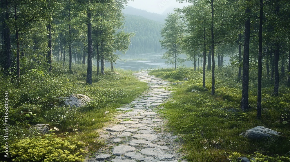 Obraz premium Serene Forest Pathway Surrounded by Lush Greenery and Moss