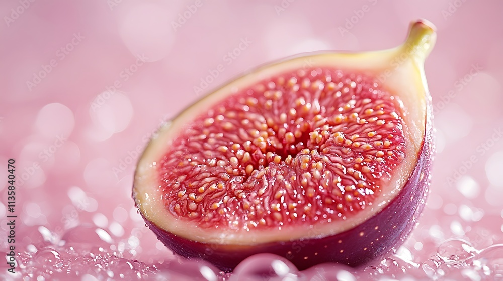 A fresh halved fig, intricate seeds and lush textures glowing under soft golden light, water droplets shimmering, set against a pastel mauve background with a refined, elegant feel, hd quality, A fresh halved fig, intricate seeds and lush textures glowing under soft golden light, water droplets shimmering, set against a pastel mauve background with a refined, elegant feel, hd quality,