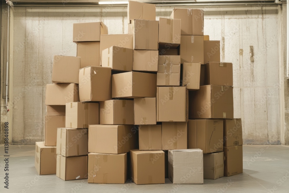 Cardboard Boxes Stacked High In A Warehouse Room Cardboard Boxes Stacked High In A Warehouse Room