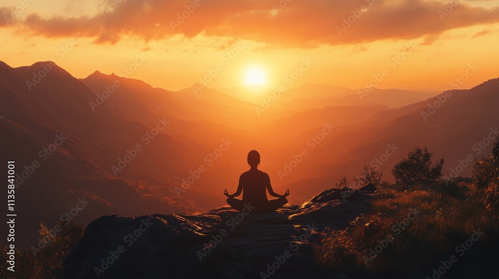Silhouette of a Person Meditating on a Mountain Peak at Sunset Silhouette of a Person Meditating on a Mountain Peak at Sunset