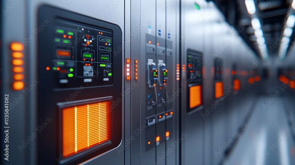 High-Tech Data Center with Illuminated Server Racks and Control Panels High-Tech Data Center with Illuminated Server Racks and Control Panels