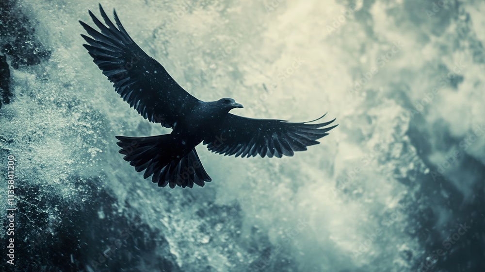 Naklejka premium Majestic Raven in Flight over a Waterfall