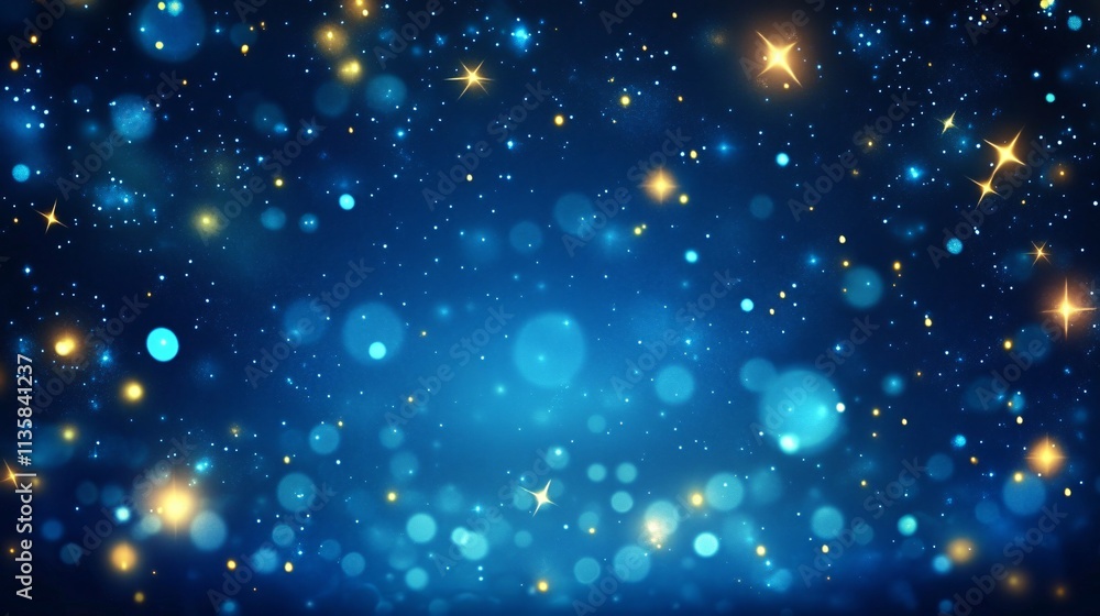 Magical Blue Night Sky with Glowing Stars and Bokeh Lights Festive Background Magical Blue Night Sky with Glowing Stars and Bokeh Lights Festive Background