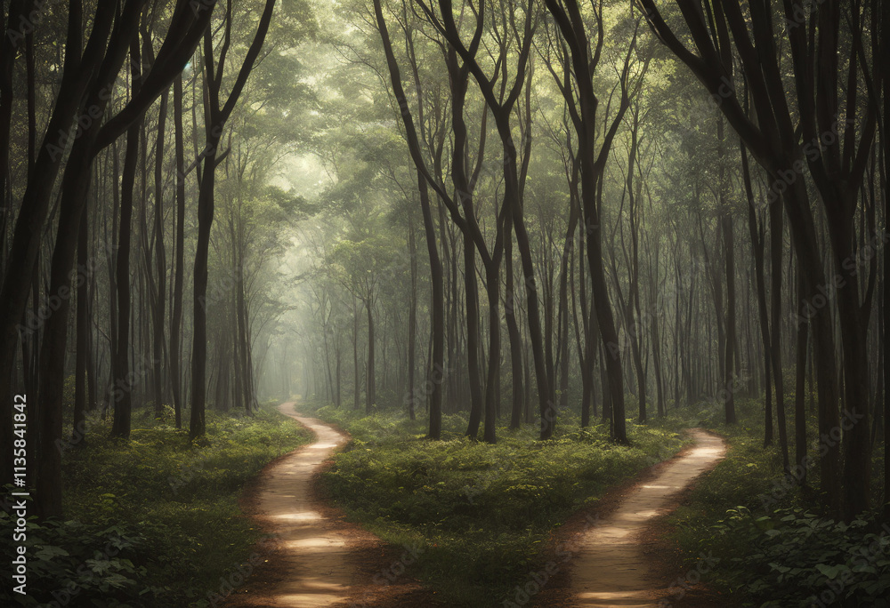 Fototapeta premium Ornate Product Display on Plain Background with Enchanting Forest Pathway Concept