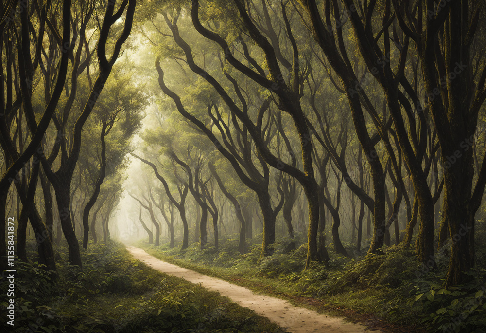 Obraz premium Ornate Product Display on Plain Background with Enchanting Forest Pathway Concept