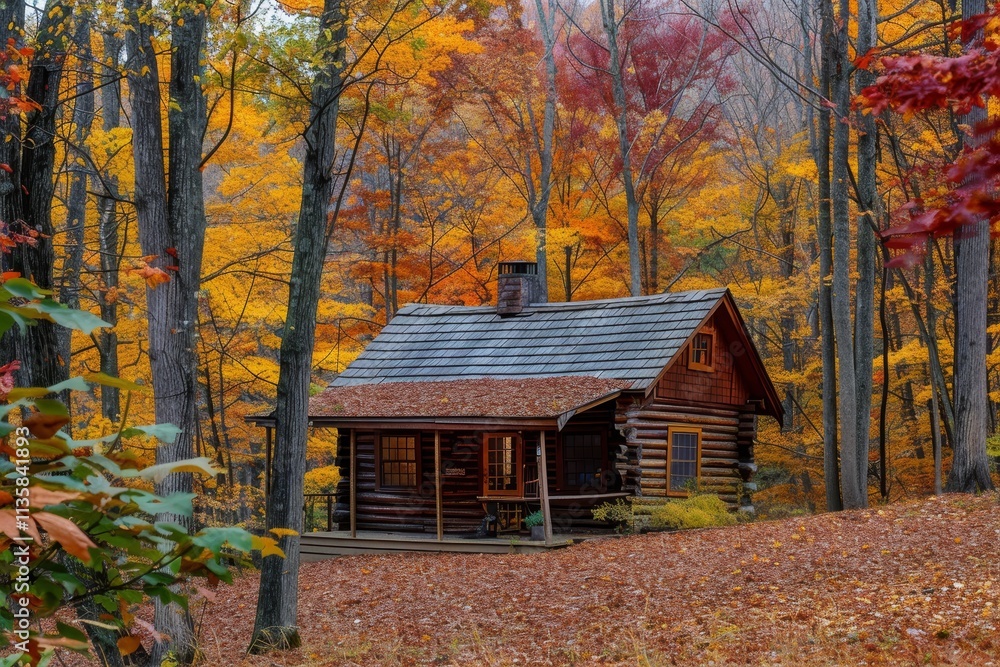 A rustic log cabin sits in the heart of a vibrant forest, surrounded by colorful autumn foliage A cozy cabin in the woods surrounded by colorful autumn trees A rustic log cabin sits in the heart of a vibrant forest, surrounded by colorful autumn foliage A cozy cabin in the woods surrounded by colorful autumn trees