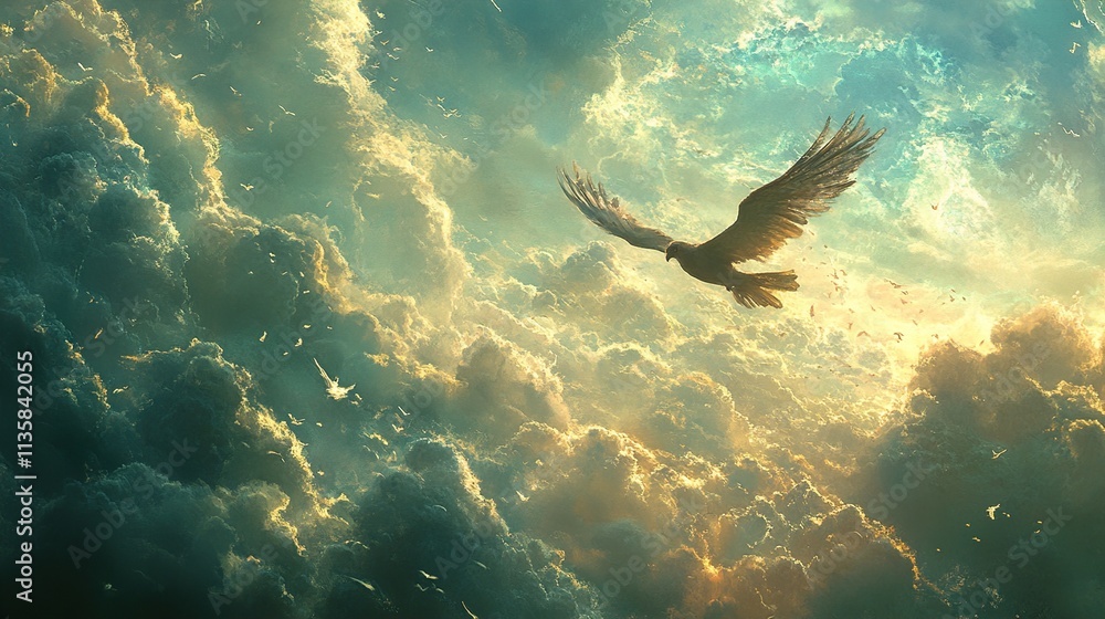 Fototapeta premium Majestic Eagle Soaring Through Golden Clouds