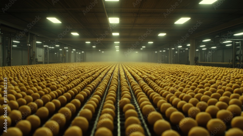 Fototapeta premium Vast orange sorting warehouse with countless conveyor belts