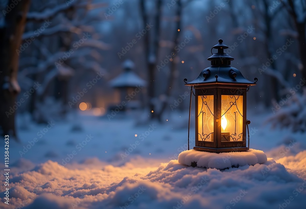 A lantern glowing softly in the winter night A lantern glowing softly in the winter night