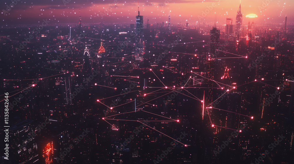 Obraz premium Smart digital Innovation city with connection network reciprocity over the cityscape. of future smart wireless digital city and social media networking systems that connects people with in city