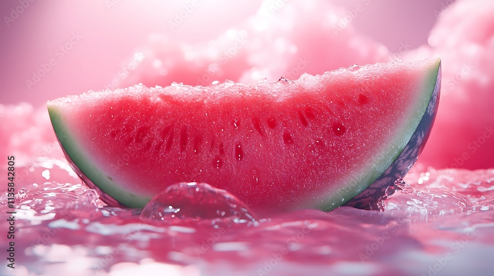 A fresh watermelon slice captured in macro detail, its juicy red textures glowing under diffused light, water droplets cascading gracefully, pastel coral background creating a refreshing aesthetic, A fresh watermelon slice captured in macro detail, its juicy red textures glowing under diffused light, water droplets cascading gracefully, pastel coral background creating a refreshing aesthetic,