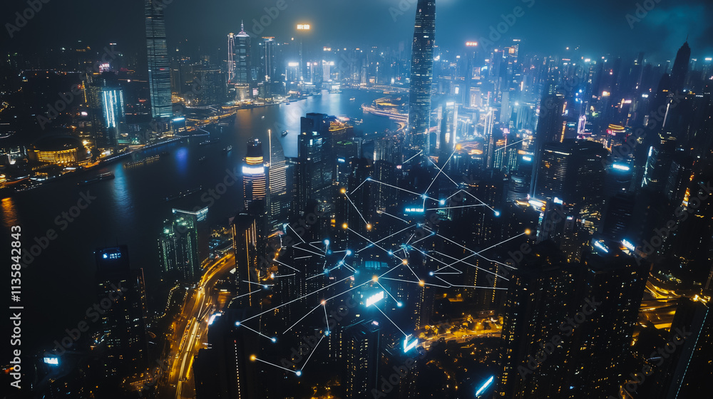 Smart digital Innovation city with connection network reciprocity over the cityscape. of future smart wireless digital city and social media networking systems that connects people with in city Smart digital Innovation city with connection network reciprocity over the cityscape. of future smart wireless digital city and social media networking systems that connects people with in city