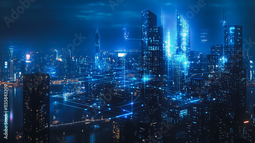 Wallpaper Mural Smart digital Innovation city with connection network reciprocity over the cityscape. of future smart wireless digital city and social media networking systems that connects people with in city Torontodigital.ca