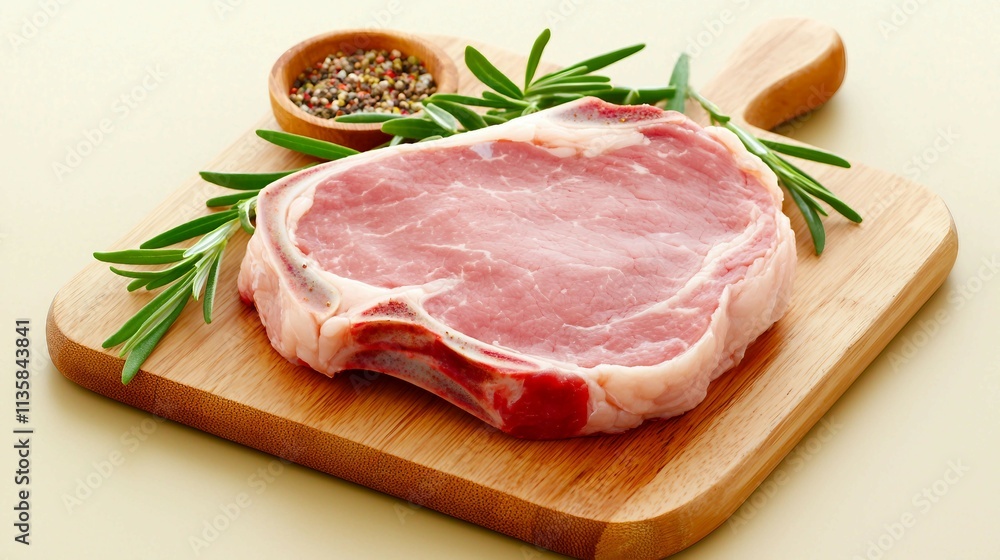 Fresh Pork Chop on Wooden Board with Spices and Herbs Decoration Fresh Pork Chop on Wooden Board with Spices and Herbs Decoration