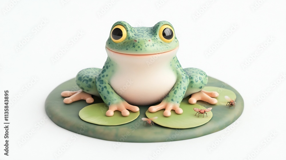 Obraz premium Whimsical Green Cartoon Frog Surrounded by Nature Elements