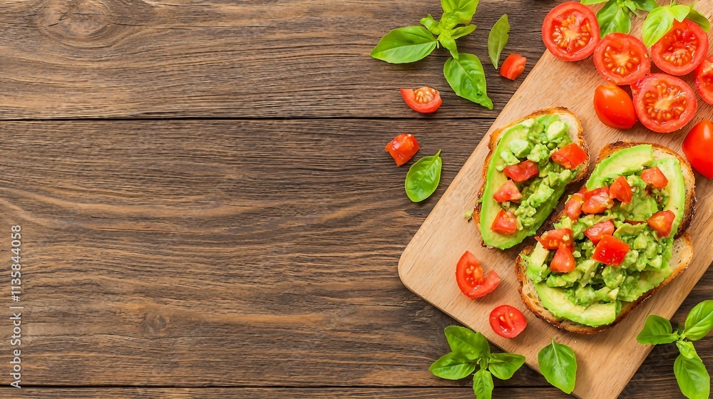 Slices of Toast with Avocado and Cherry Tomato on Wooden Board Slices of Toast with Avocado and Cherry Tomato on Wooden Board