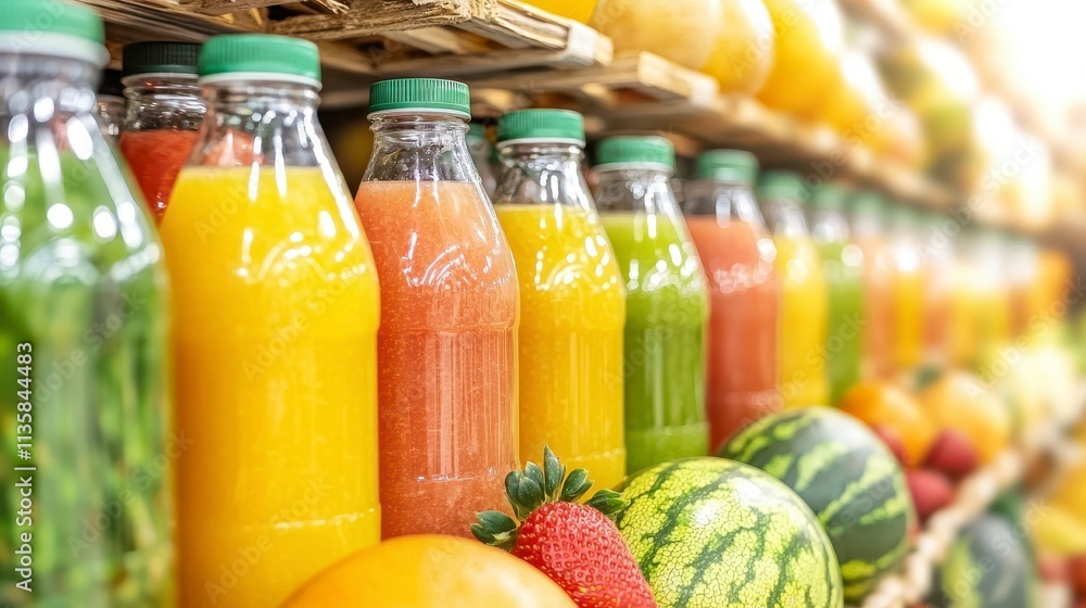 Colorful Fresh Fruit Juices in Bottles on Shelf Colorful Fresh Fruit Juices in Bottles on Shelf