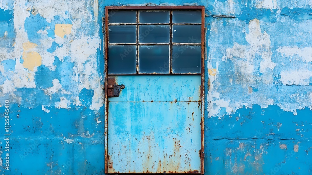 Naklejka premium Rustic blue metal door with glass panes on a weathered wall. Concept of urban decay, vintage, and industrial.