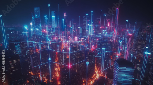 Wallpaper Mural Smart digital Innovation city with connection network reciprocity over the cityscape. of future smart wireless digital city and social media networking systems that connects people with in city Torontodigital.ca