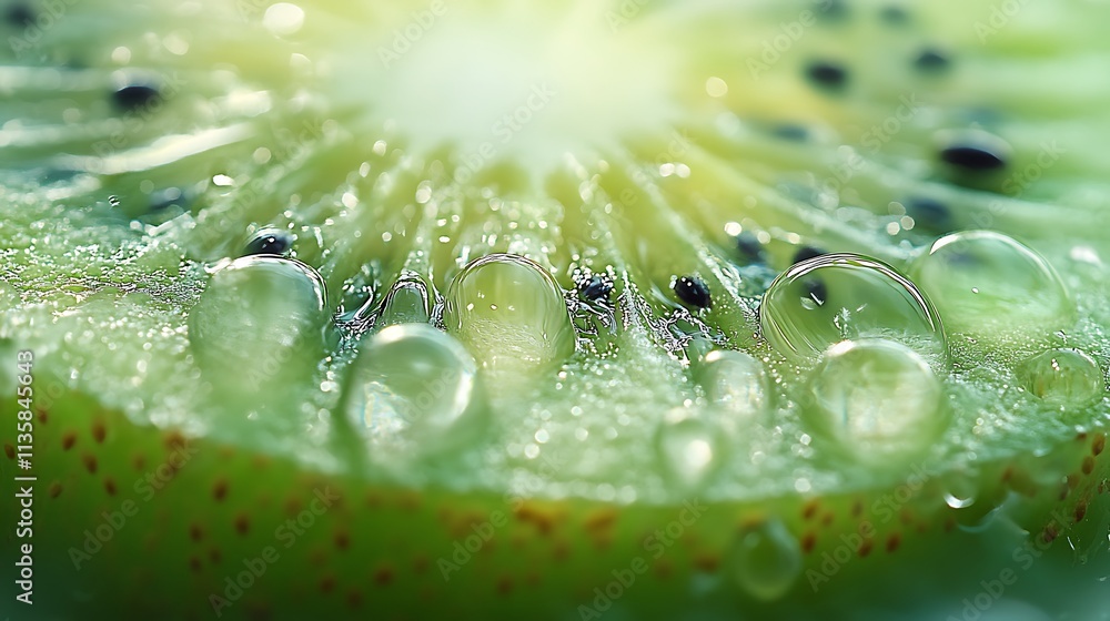 A kiwi slice captured in macro detail, its translucent green tones glowing under soft natural light, intricate seeds glowing with contrast, water droplets shimmering, A kiwi slice captured in macro detail, its translucent green tones glowing under soft natural light, intricate seeds glowing with contrast, water droplets shimmering,